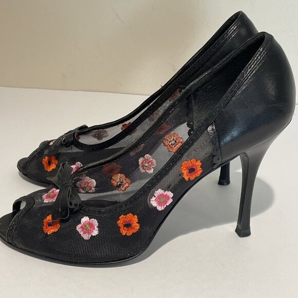 BCBGirls Docre Mesh Peep Toe Heels Stilettos Size 5.5 Black Floral Embroidered - Picture 5 of 12